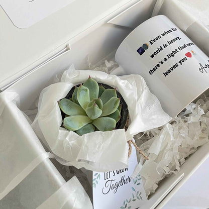 Coffret “Fleurir de Bonheur” Mug Personnalisé & Plante Succulente
