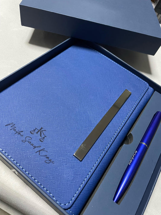 Signature Élégante Bleue – Coffret carnet & stylo personnalisés