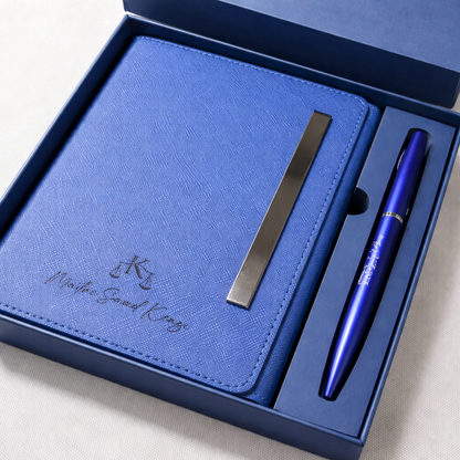 Signature Élégante Bleue – Coffret carnet & stylo personnalisés